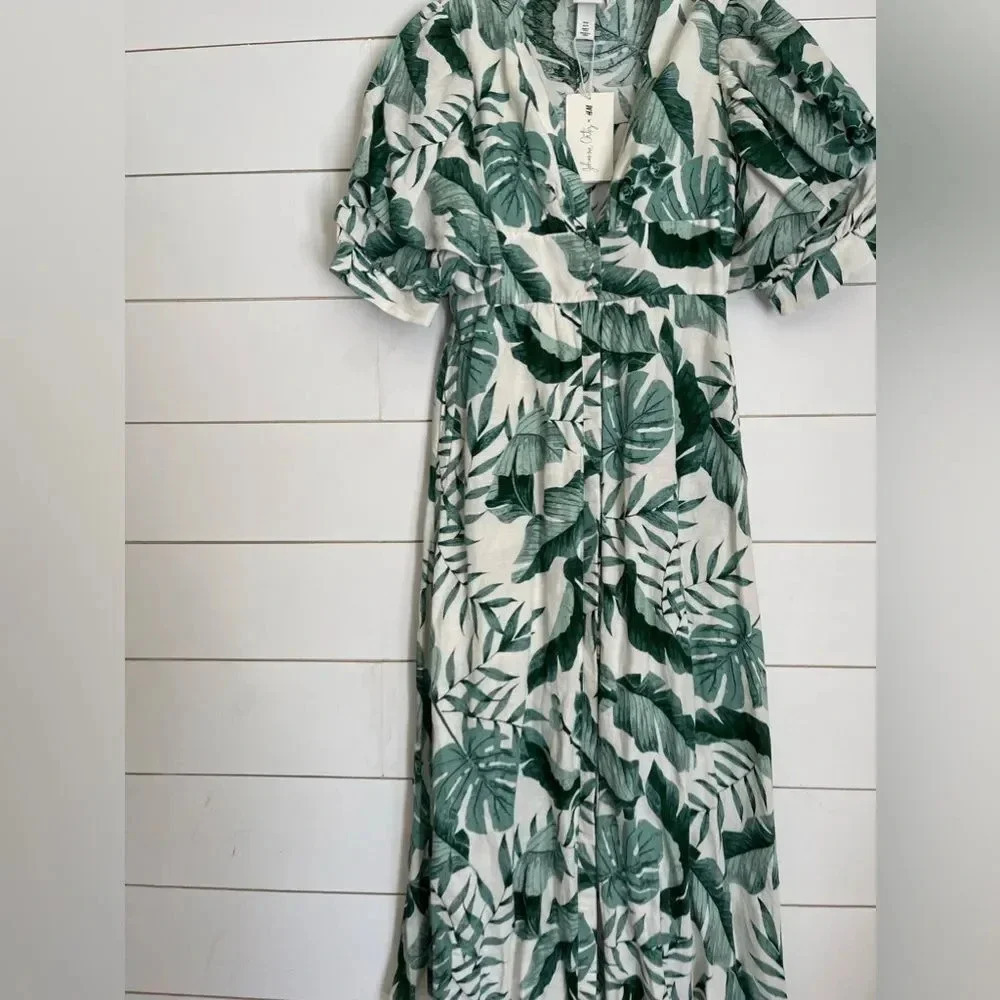 H&M x Johanna Ortiz Green White Linen Leaf Dress - Picture 8 of 11
